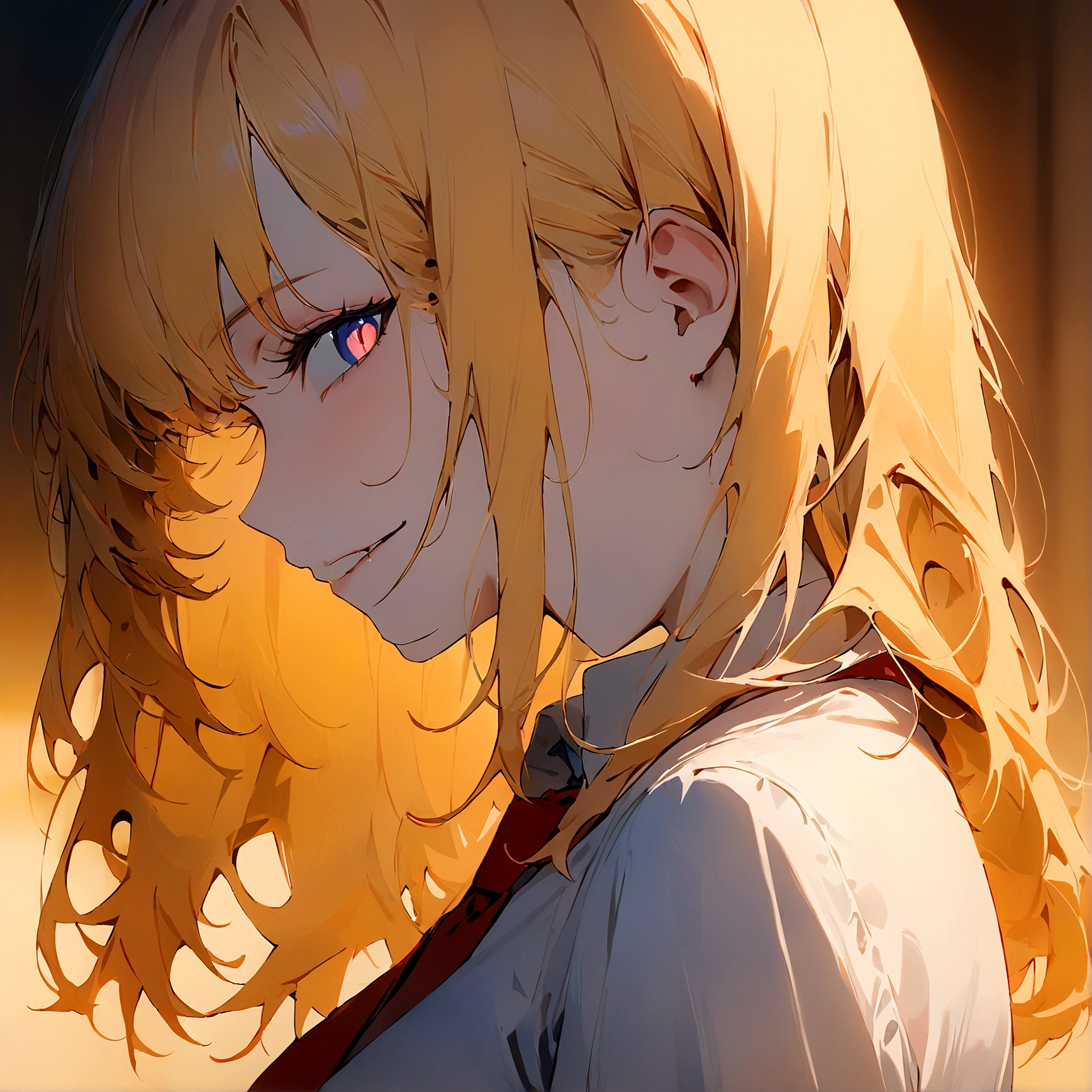 (Masterpiece:1.2, Best Quality), 1 woman, profile, looking towards the viewer, White shirt red tie, medium breasts, Casual, long yellow hair, minimal makeup,pale,Natural fabrics, closeup face, evil smile, bright eyes circular pupils,8K high resolution, detailed lines,blurred background,