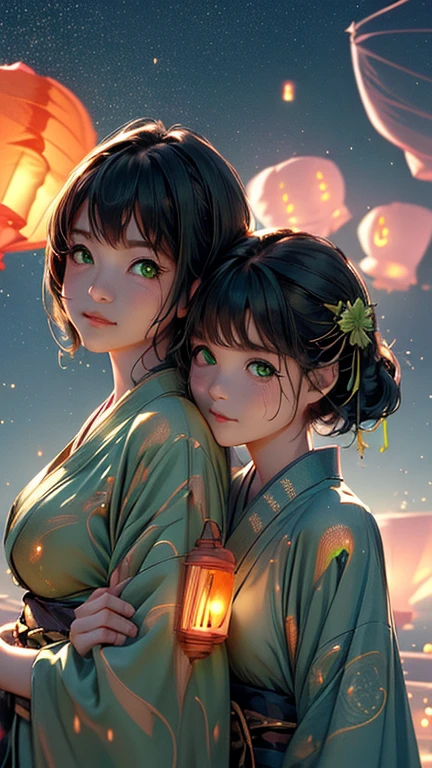 nsfw, Masterpiece, top quality, highly detailed, (Photorealistic style:1.4), Chiaroscuro style, backlighting, 2 girls, A lesbian couple in yukata, (Hug from behind, and put hand on bust, bust shot:1.6), looking at the camera with a smile, (A close-up of their beautiful faces,  green eyes:1.8), (Lots of fireworks all over the sky, Many Lanterns floating in the sky, big shining milky way:1.4),