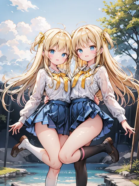 very nice and beautiful, anime style, pretty girl, standing split, standing on one leg, 1girl, long hair, blonde hair, yellow ri...