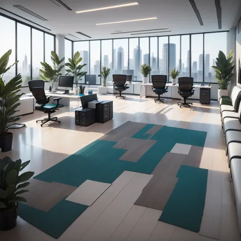 Modern office design with sleek lines, glass partitions, and ergonomic furniture, creating a professional and efficient workspac...