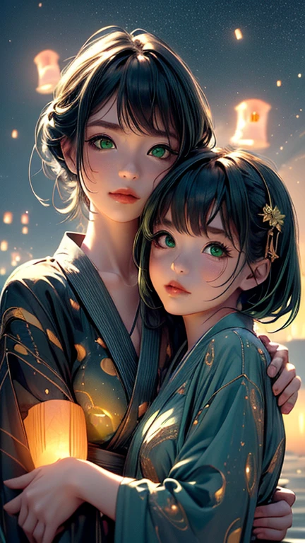nsfw, Masterpiece, top quality, highly detailed, (Photorealistic style:1.4), Chiaroscuro style, backlighting, 2 girls, A lesbian couple in yukata, (Hug from behind, and put hand on lips, bust shot:1.6), looking at the camera with a smile, (A close-up of their beautiful faces,  green eyes:1.8), (Lots of fireworks all over the sky, Many Lanterns floating in the sky, big shining milky way:1.4),