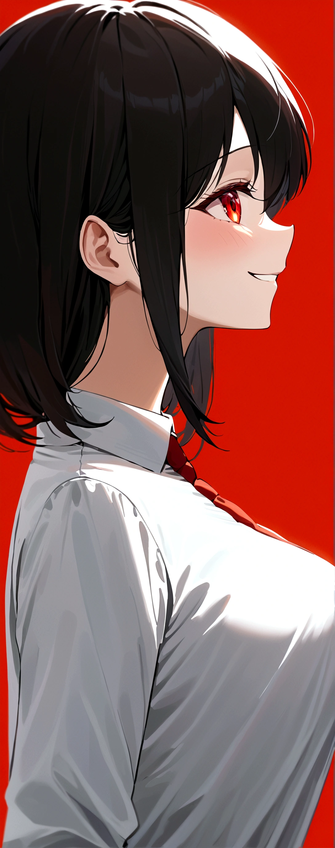 (Masterpiece:1.2, Best Quality), 1 woman, profile, looking towards the viewer, White shirt red tie, medium breasts, Casual, black hair, minimal makeup,pale,Natural fabrics, closeup face, evil smile, bright red eyes circular pupils,8K high resolution, detailed lines,blurred background,