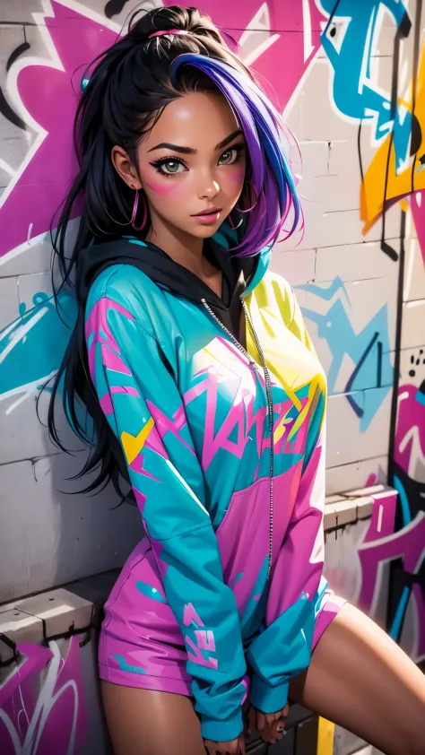 (best quality), (high detail), (vivid colors), (graffiti style), (freestyle), (close up), (1girl), young sexy female graffiti ar...