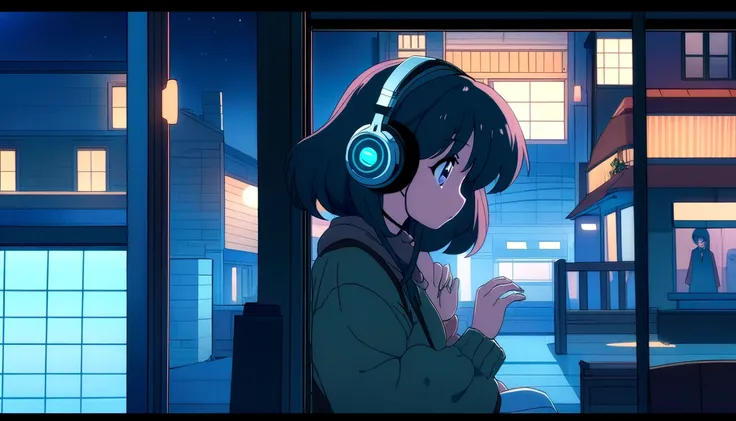 High Definition 2D Anime) Girl listening to music in a cozy room at night -  SeaArt AI