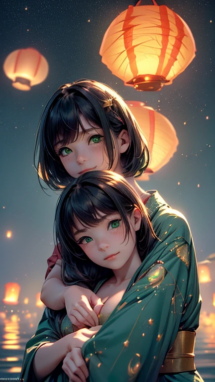 nsfw, Masterpiece, top quality, highly detailed, (Photorealistic style:1.4), Chiaroscuro style, backlighting, 2 girls, A lesbian couple in yukata, (Hug from behind, and put hand on naked bust, bust shot:1.6), looking at the camera with a smile, (A close-up of their beautiful faces,  green eyes:1.8), (Lots of fireworks all over the sky, Many Lanterns floating in the sky, big shining milky way:1.4),
