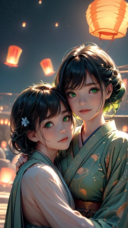 nsfw, Masterpiece, top quality, highly detailed, (Photorealistic style:1.4), Chiaroscuro style, backlighting, 2 girls, A lesbian couple in yukata, (Hug from behind, and put hand on naked bust, bust shot:1.6), looking at the camera with a smile, (A close-up of their beautiful faces,  green eyes:1.8), (Lots of fireworks all over the sky, Many Lanterns floating in the sky, big shining milky way:1.4),