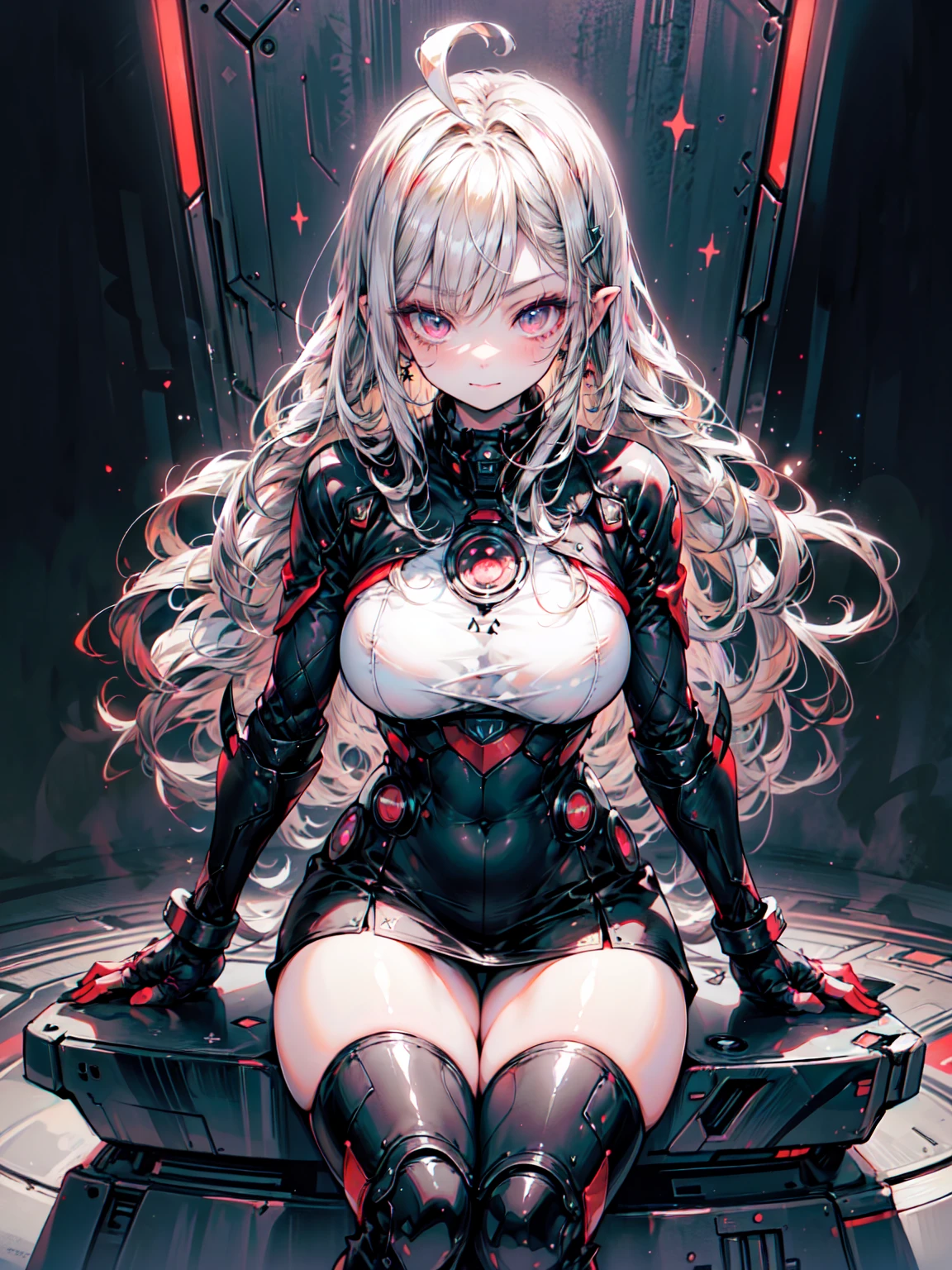 (Armed female warrior with curves and strong muscles), (Evil expressions), ((Voluminous wavy blonde hair)), Glowing red eyes, ((She has a big, shiny, dark red star on her chest.)), Refined details, (Dressed in sleek, high-tech, futuristic black:70 and dark red:90 Tactical Polished Skirted Armor), Highly militarized, ((Sideways threatening pose)), ((Sitting sideways on a spaceship)), (Surrounded by holographic numbers, symbols and stars), 最high quality, Crisp, clear lines, high quality, 8K Professional Image、Blake、（Dark Elf), (1 Girl), alone, 優しいsmile、Perfect Face, Get used to it, Ahoge, ((Long Hair:1.2)), [[Messy Hair]], Shiny blonde white hair, Purple eyes, Variegated eyes, Colorful Hair, Shining Eyes, (eyelash, eye shadow, pink eye shadow), bright, smile, Design Art：haruhiko mikimoto, by Kawashi, By Yoshitaka Amano, （Dark brown skin）
