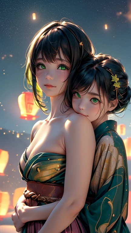 nsfw, Masterpiece, top quality, highly detailed, (Photorealistic style:1.4), Chiaroscuro style, backlighting, 2 girls, A lesbian couple in yukata, (Hug from behind, and put hand on naked bust, bust shot:1.6), looking at the camera with a smile, (A close-up of their beautiful faces,  green eyes:1.8), (Lots of fireworks all over the sky, Many Lanterns floating in the sky, big shining milky way:1.4),