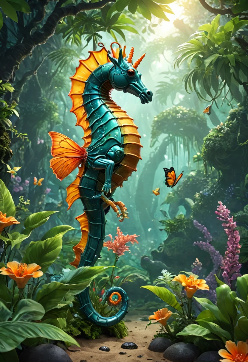 未来派空灵Seahorse，Sci-fi butterflies，未来Seahorse，Seahorse，Futuristic jungle background，masterpiece，（Highly detailed CG Unity 8k wallpaper），（Best quality），（Best Illustration Award），（The best shadow），The background is a forest theme，融入Natural Elements，Flowers in bloom，Warm colors，surrounded by 精美的leaf and branches，Sunlight，（Natural Elements），（Jungle theme），（leaf），Grapevine Anatai，（精美的leaf），（Particle Effects），Isometric 3D，Rendered by Octane， Ray Tracing，Extremely detailed