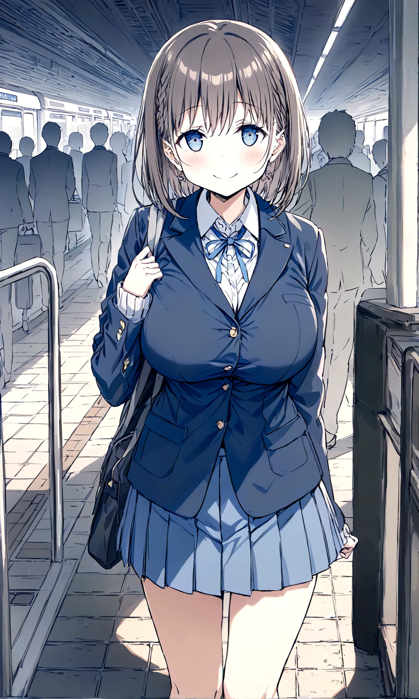 tawawa on monday,ai-chan,big breasts,blue blazer,high school girl,whole body,smile,blush,station,crowd,silhouette,hentai,finely ...