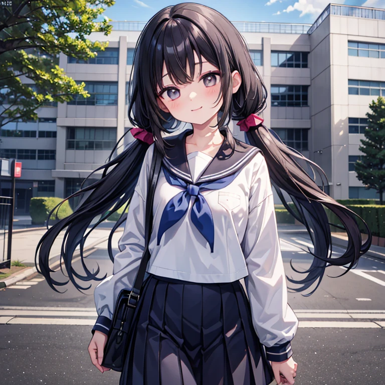 1girl, standing, gentle smile, 15yo, head tilt,
school building on the back,
(low twintails girl), low pigtails, black hair, very long hair,
serafuku with blue ribbon, navy-blue collar,
(brown eye), 1 student bag on right shoulder,
afternoon, summer,
from front,
4-story white school building, outdoor, tree on side,
anime, high brightness, detailed face, detailed eyes,
high quality, ultra detailed, masterpiece, FHD