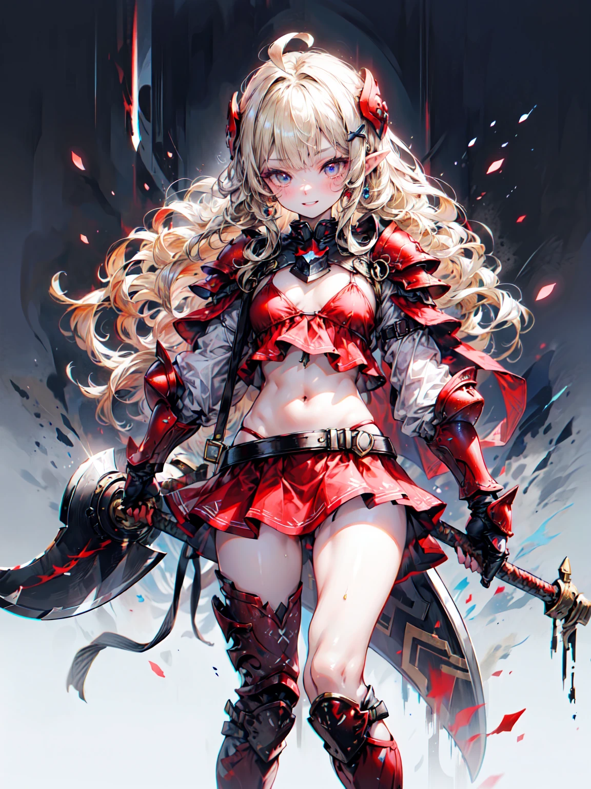 Very detailed、Highest quality、Best image quality、masterpiece、8K、Anime Face、優しいsmile、Open your mouth、Sparkling Blue Eyes、(Blonde wavy hair:1.5)、、Muscles of the whole body、camisole、Thigh belt、mini skirt、(Wearing red bikini armor:1.5)、(Cowboy Shot:1.5)、(foot armor:1.5)、Put on a helmet、(Have a battle axe:1.5)、Blake、（Dark Elf), (1 Girl), alone, 優しいsmile、Perfect Face, Get used to it, Ahoge, ((Long Hair:1.2)), [[Messy Hair]], Shiny blonde white hair, Purple eyes, Variegated eyes, Colorful Hair, Shining Eyes, (eyelash, eye shadow, pink eye shadow), bright, smile, Design Art：haruhiko mikimoto, by Kawashi, By Yoshitaka Amano, （Dark brown skin）