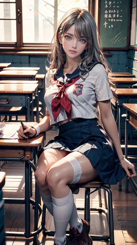 hour々arya-san next to me is whispering in russian、russian women、high school girl、sailor suit、mini skirt、knee-high socks、silver h...