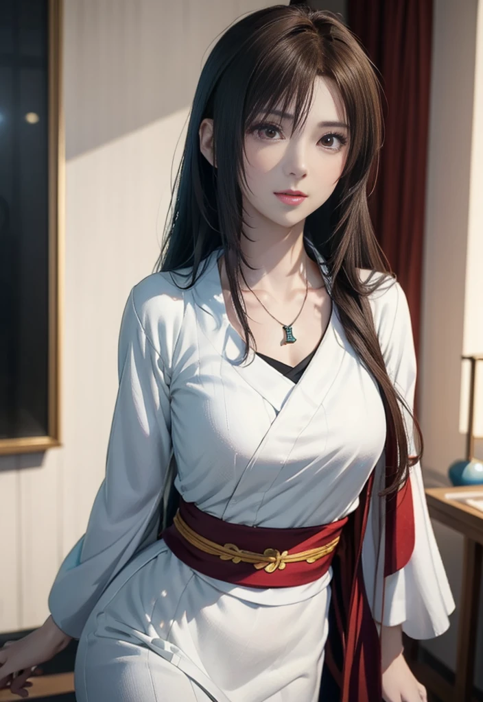 Final Fantasy (Yuna) Anime girl with brown hair and necklace in white kimono dress, beautiful character painting, Soft Anime CG Art, Realistic anime art style, Beautiful Anime Portrait, beautiful anime woman, Photorealistic anime girl rendering, Makoto Shinkai and ArtGerm, Realistic 3D anime style, Anime Realism Style,  digital art in anime style, Beautiful anime girl