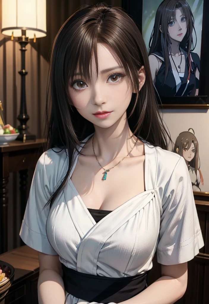 Final Fantasy (Yuna) Anime girl with brown hair and necklace in white kimono dress, beautiful character painting, Soft Anime CG Art, Realistic anime art style, Beautiful Anime Portrait, beautiful anime woman, Photorealistic anime girl rendering, Makoto Shinkai and ArtGerm, Realistic 3D anime style, Anime Realism Style,  digital art in anime style, Beautiful anime girl