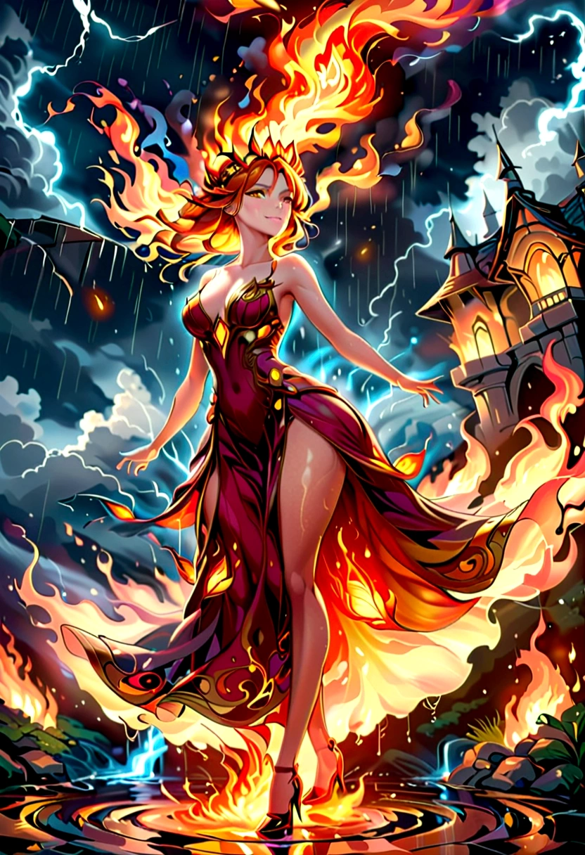 a sorceress of fire making fire dance in a the (storm of rain: 1.3), a most exquisite beautiful sorceress, controlling fire manipulating fire, a woman, dynamic hair color, dynamic hair style, wet hair, wet face, dynamic eyes color, full body shot, wearing dress made of fire, wearing intricate high heels, light make up, dancing in courtyard of a fantasy castle, ((heavy rain drops: 1.1)), clouds in the sky, (anatomically correct: 1.4), (full body shot: 1.1) , vibrant, Ultra-high resolution, High Contrast, (masterpiece:1.5), highest quality, Best aesthetics), best details, best quality, highres, ultra wide angle, 16k, [ultra detailed], masterpiece, best quality, (extremely detailed), firecd_xl, phoenix dress, fireMagicAI