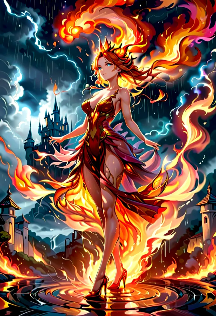 a sorceress of fire making fire dance in a the (storm of rain: 1.3), a most exquisite beautiful sorceress, controlling fire mani...