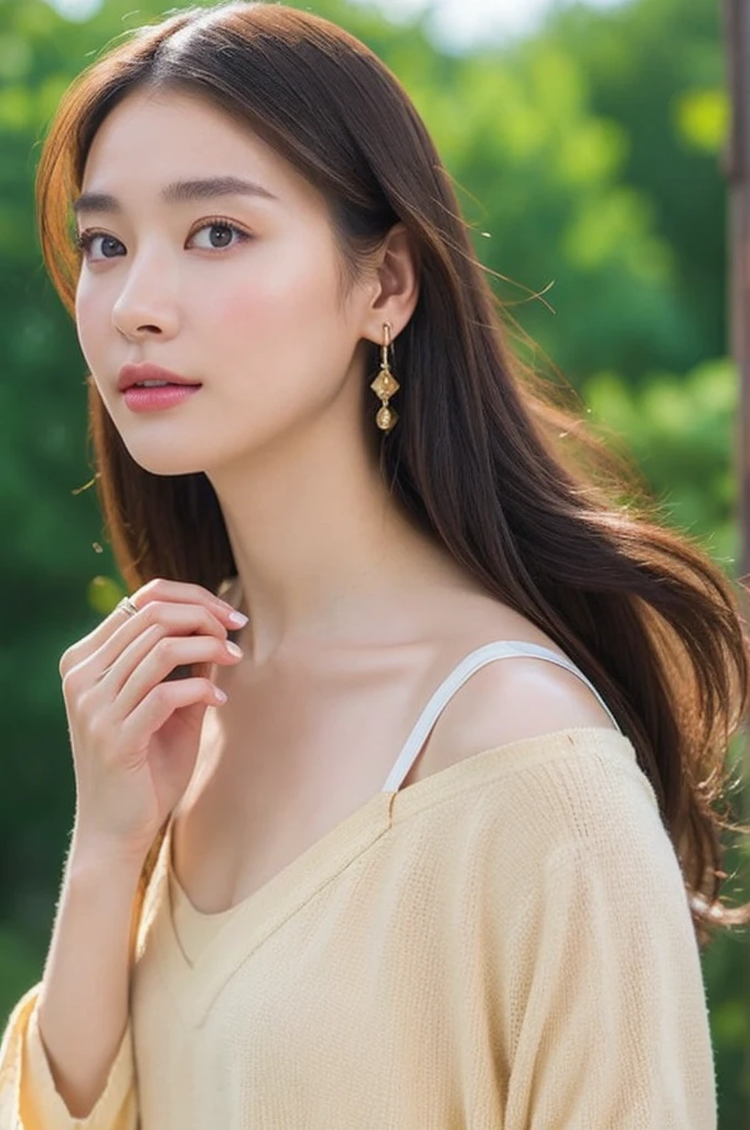 (highest quality, 4K, ​masterpiece :1.3), 
keen focus, shallow depth of field, bright colors, Professional level, 
20 age old, 1 person, (Half Japanese and half Russian）, Beautiful actress face, 
Smooth body :1.3, exemplary body shape:1.5, Perfect style：1.4, 
narrow shoulders, beautiful collarbone, pretty earrings, award winning foto, trending on artstation, 16k resolution, intricate details, masterpiece

