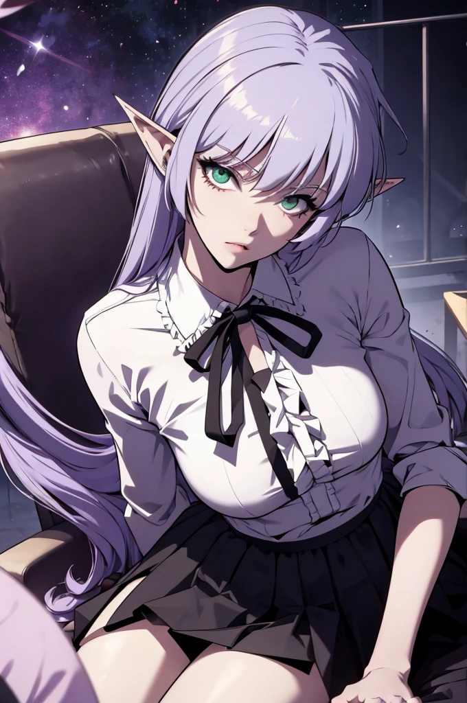 alice vampire purple hair, long hair, green eyes, pointy ears, small breasts white shirt, frills, neck ribbon, black skirt