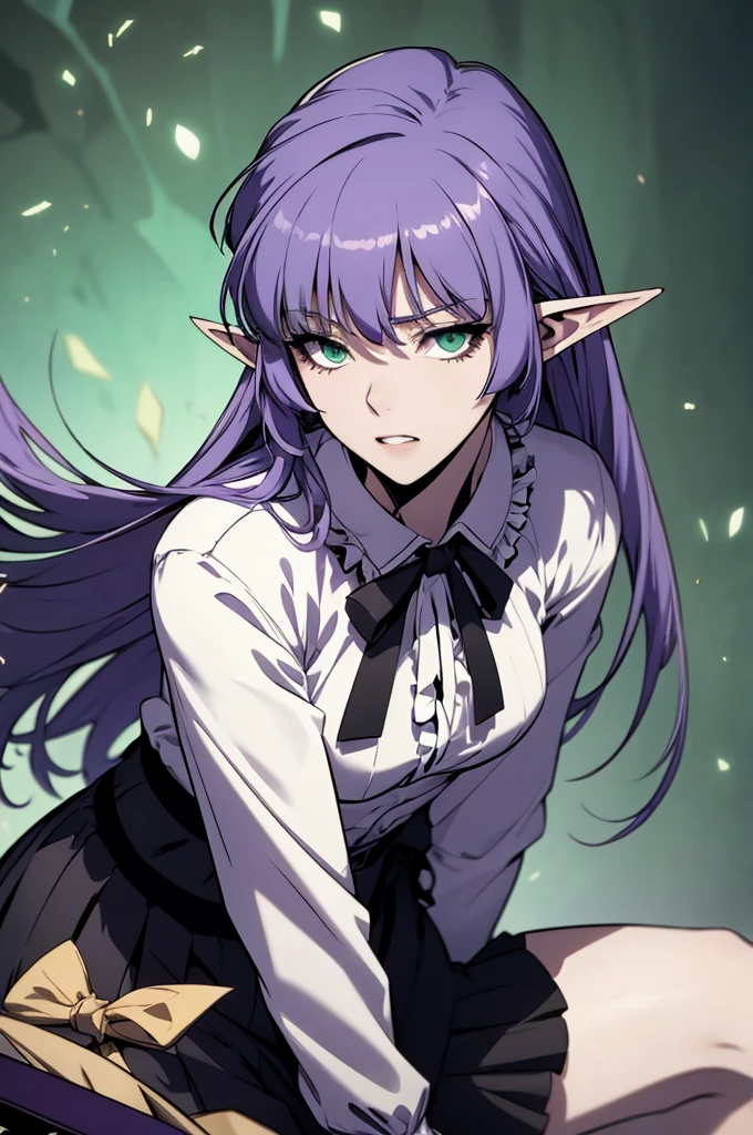 爱丽丝吸血鬼紫色头发, 长发, 绿眼睛, 尖耳朵, 小胸部 白 衬衫, 褶边, 颈带, 黑色裙子