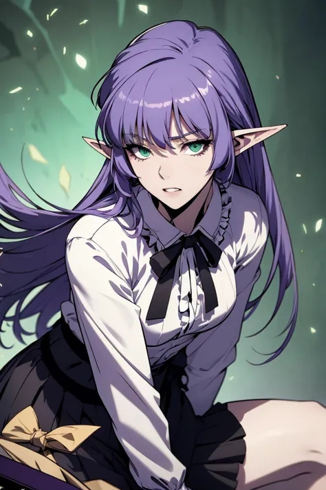 alice vampire purple hair, long hair, green eyes, pointy ears, small breasts white shirt, frills, neck ribbon, black skirt