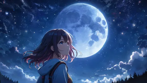 a beautiful detailed girl staring at the starry night sky,detailed night sky with glowing stars,highly detailed anime style,ultr...