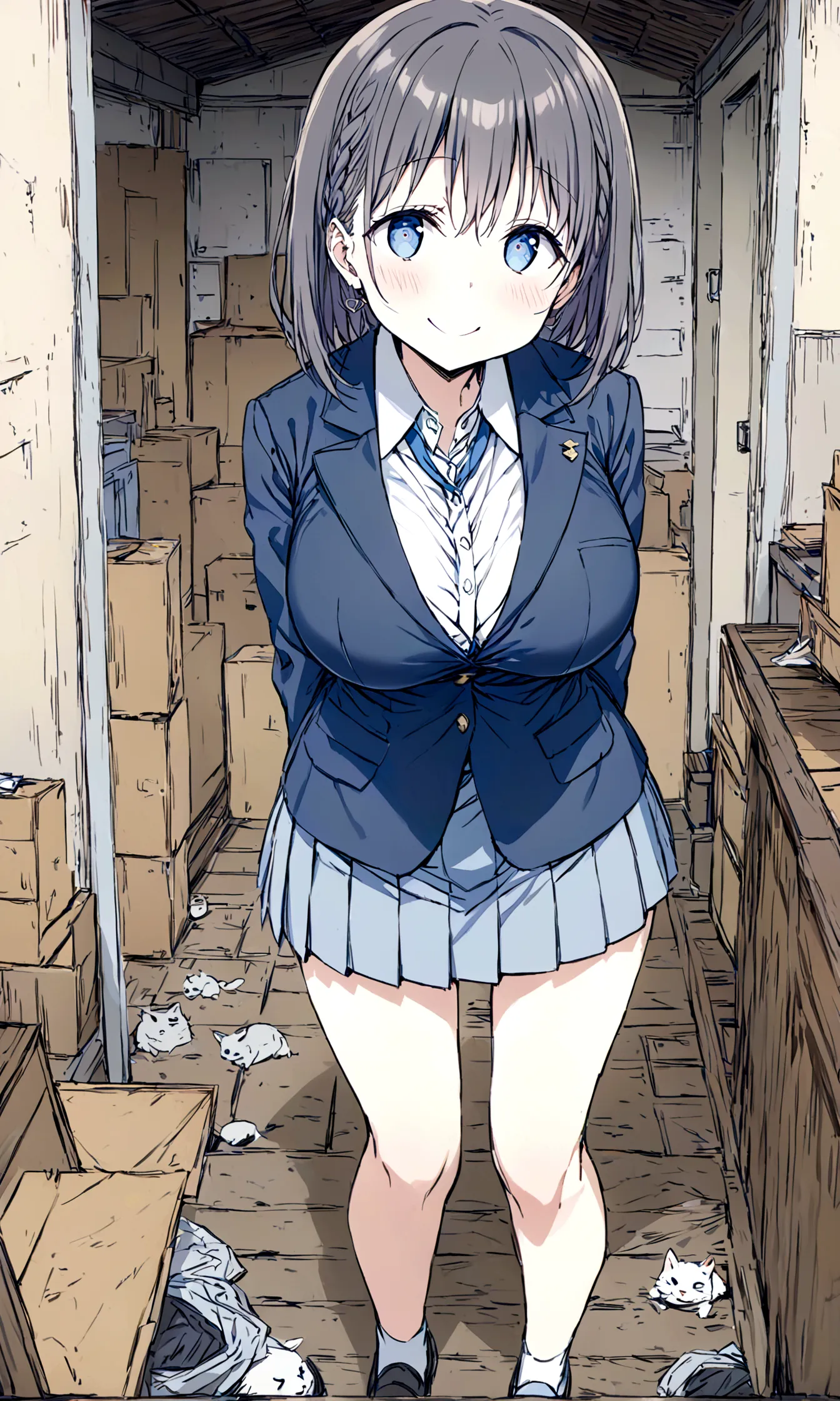 tawawa on monday,ai-chan,big breasts,blue blazer,high school girl,whole body,smile,blush,garbage house,hentai,finely detailed be...