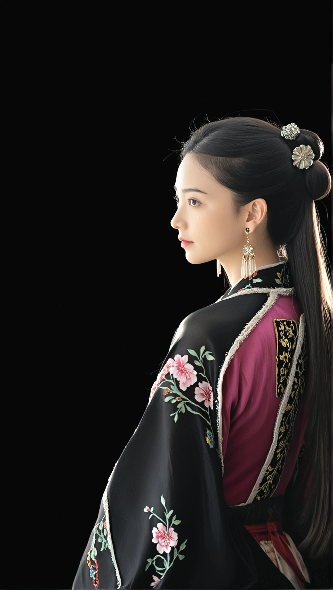 1girl, solo, long hair, simple background, black hair, hair ornament, long sleeves, dress, jewelry, collarbone, flower, earrings, hair bun, looking to the side, profile, looking away, chinese clothes, single hair bun, own hands together, black background, realistic, hanfu