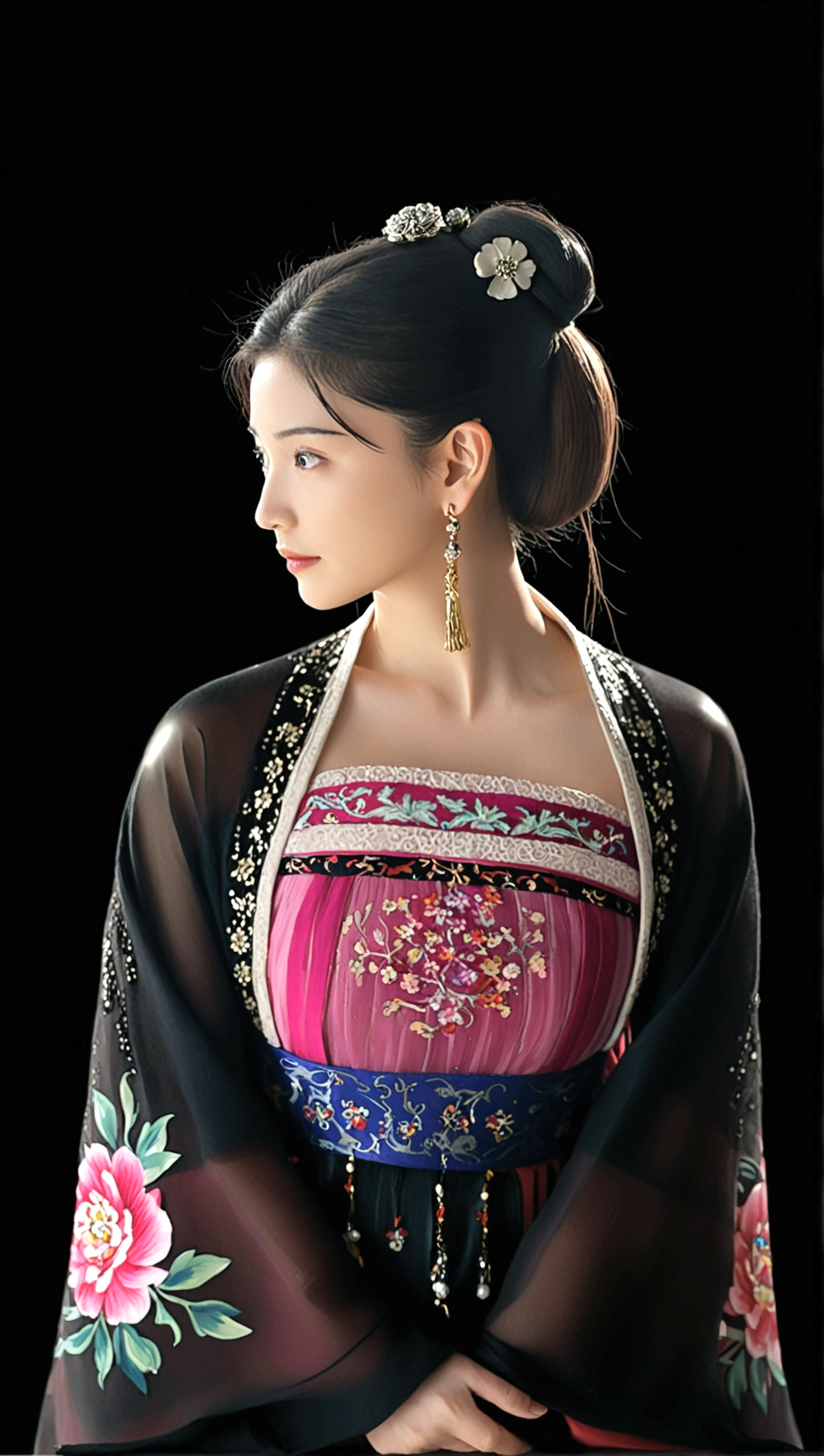 1girl, solo, long hair, simple background, black hair, hair ornament, long sleeves, dress, jewelry, collarbone, flower, earrings, hair bun, looking to the side, profile, looking away, chinese clothes, single hair bun, own hands together, black background, realistic, hanfu