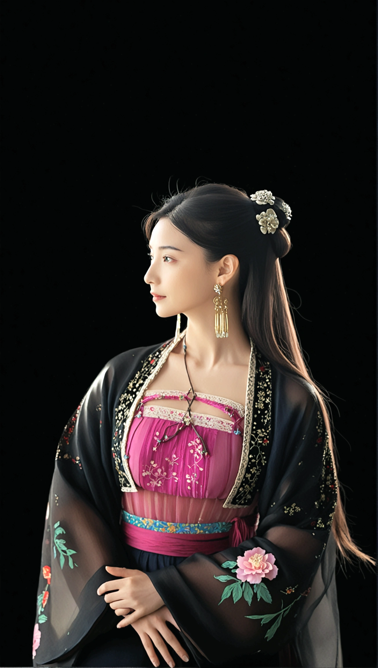 1girl, solo, long hair, simple background, black hair, hair ornament, long sleeves, dress, jewelry, collarbone, flower, earrings, hair bun, looking to the side, profile, looking away, chinese clothes, single hair bun, own hands together, black background, realistic, hanfu