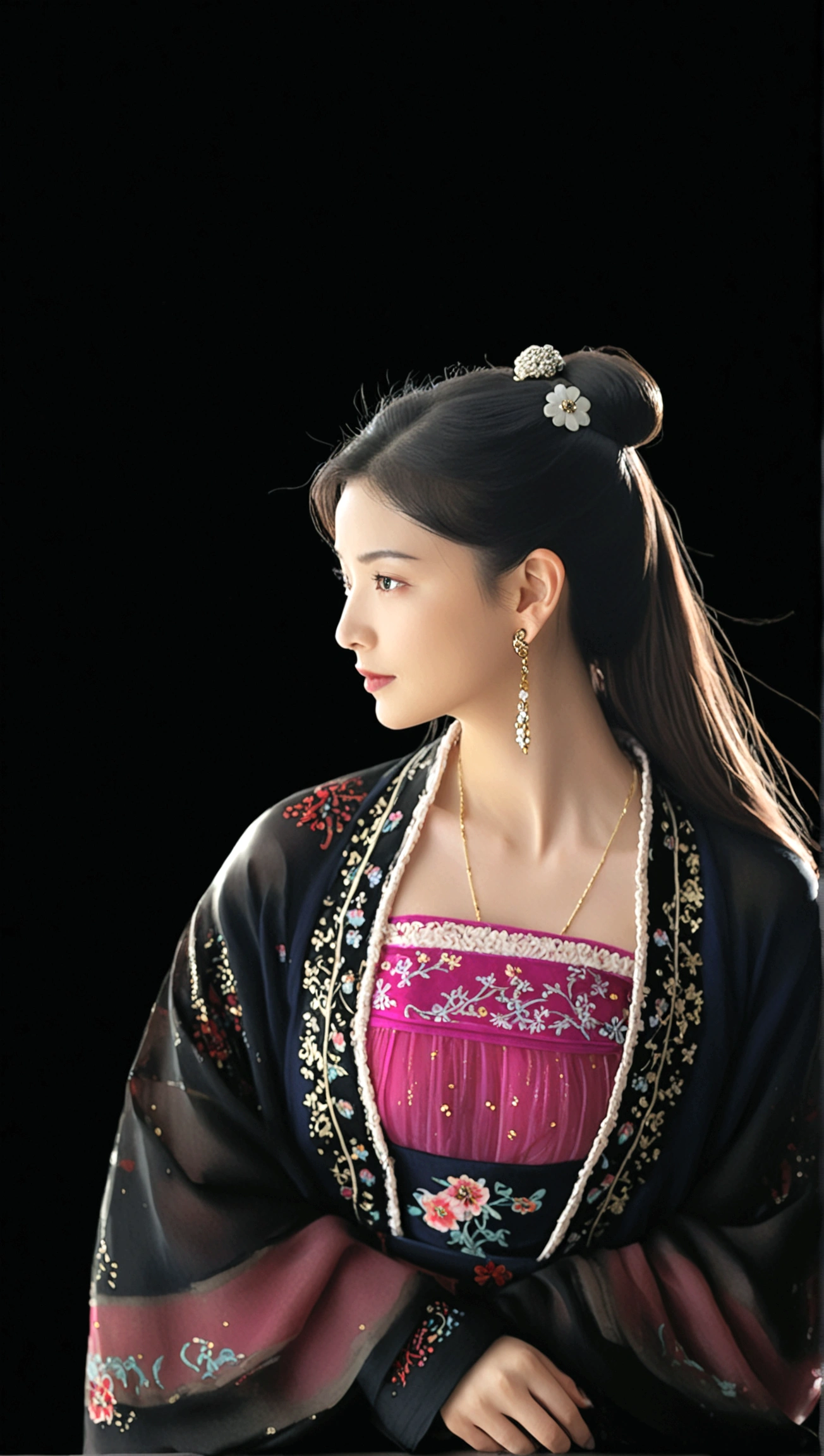 1girl, solo, long hair, simple background, black hair, hair ornament, long sleeves, dress, jewelry, collarbone, flower, earrings, hair bun, looking to the side, profile, looking away, chinese clothes, single hair bun, own hands together, black background, realistic, hanfu