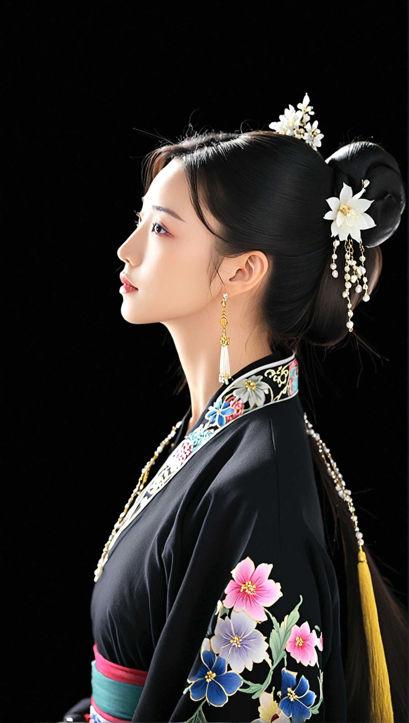 1girl, solo, long hair, simple background, black hair, hair ornament, long sleeves, dress, jewelry, collarbone, flower, earrings, hair bun, looking to the side, profile, looking away, chinese clothes, single hair bun, own hands together, black background, realistic, hanfu