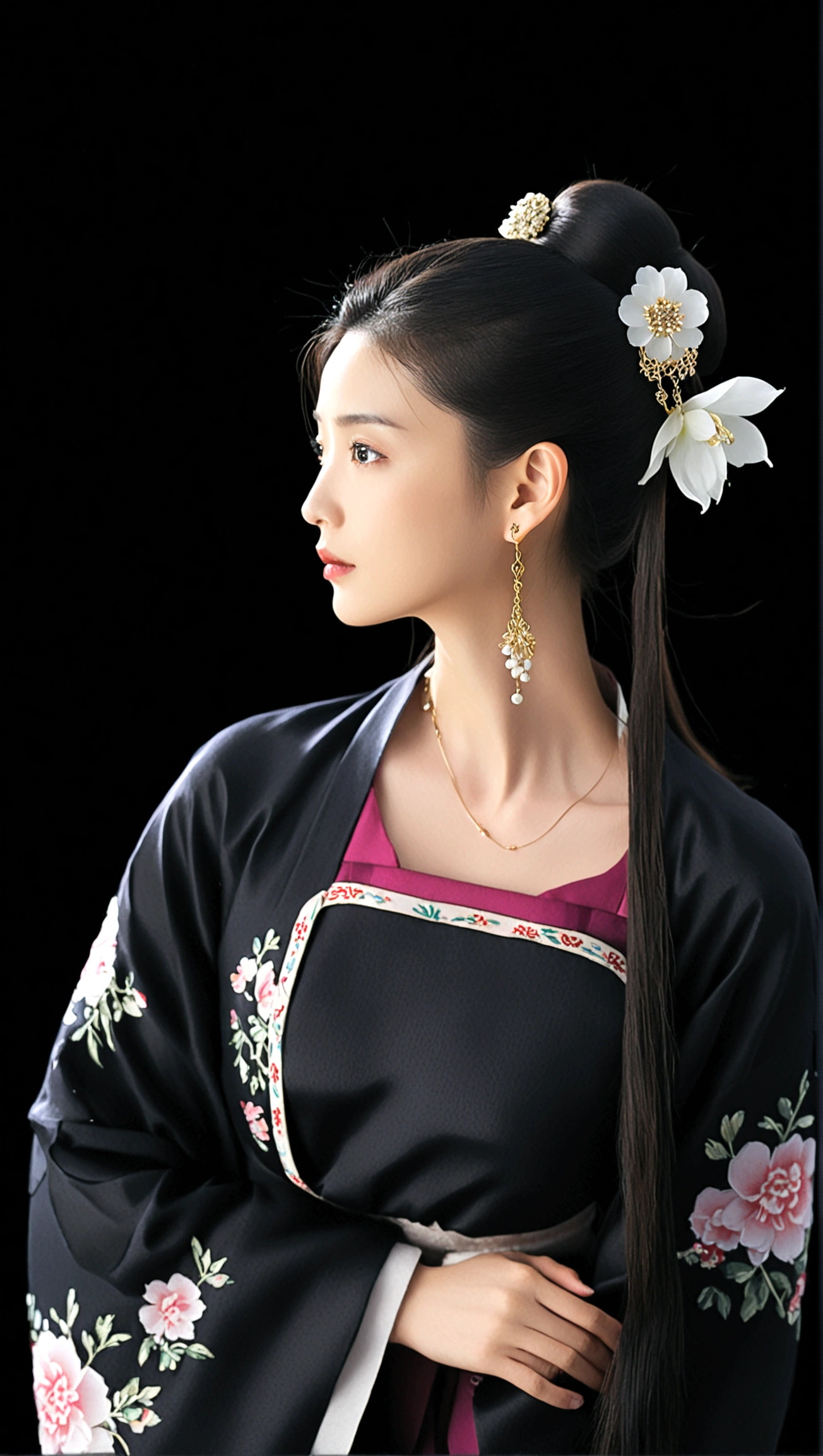 1girl, solo, long hair, simple background, black hair, hair ornament, long sleeves, dress, jewelry, collarbone, flower, earrings, hair bun, looking to the side, profile, looking away, chinese clothes, single hair bun, own hands together, black background, realistic, hanfu