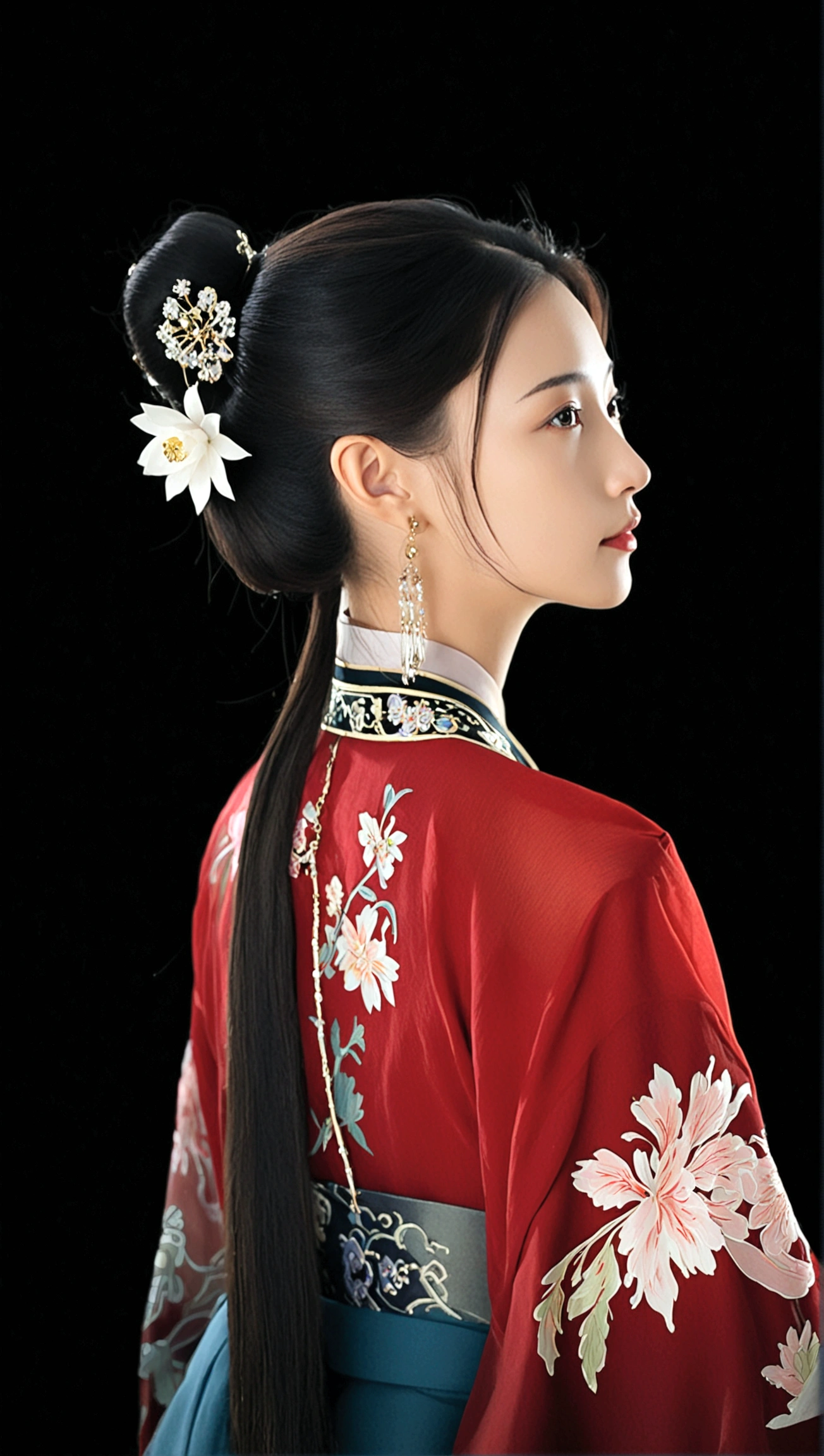 1girl, solo, long hair, simple background, black hair, hair ornament, long sleeves, dress, jewelry, collarbone, flower, earrings, hair bun, looking to the side, profile, looking away, chinese clothes, single hair bun, own hands together, black background, realistic, hanfu