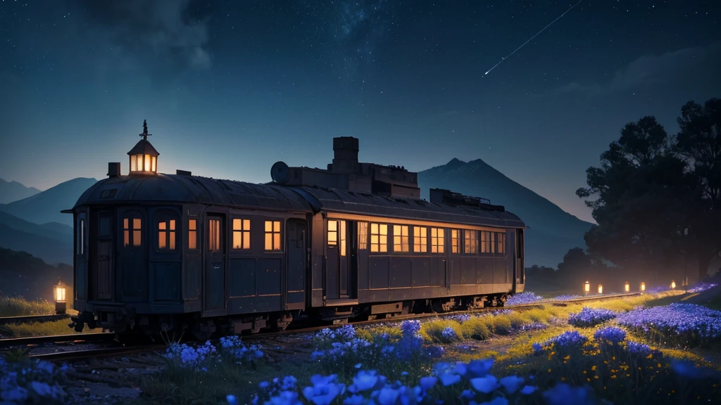 estação de trem pequena e velha abandonada e sem tripulação e linha na colina de flores nemophila brilhantes, sob um céu noturno com lua cheia, mundo etéreo de cor azul, fantasia, Altamente detalhado, 8K, (melhor qualidade,4K,8K,alta resolução,obra de arte:1.2),Ultra-detalhado,(realista,photorealista,photo-realista:1.37),iluminação cinematográfica,cores dramáticas,atmosfera dramática,profundidade de campo,elegante,sereno,tranquilo,místico,sonhadores