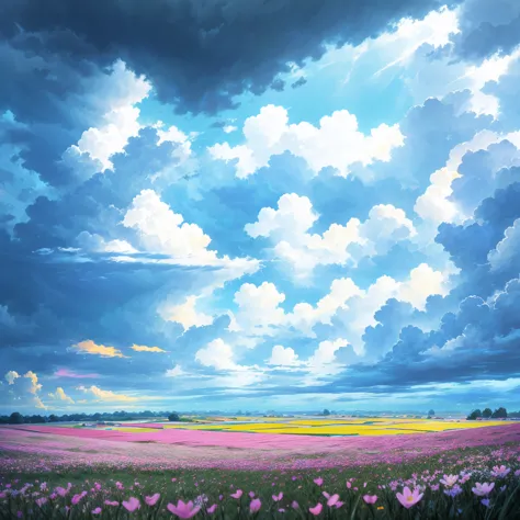 grassland、flower field、rain、cloudy、horizon,there is nothing