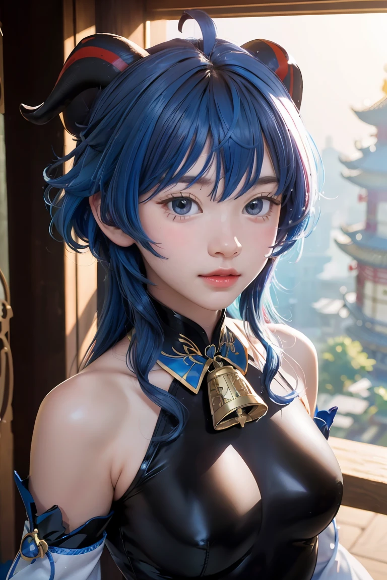 (photorealistic:1.4), (masterpiece, sidelighting, finely detailed beautiful eyes: 1.2), masterpiece*portrait, realistic, 3d face, 
ganyu \(genshin impact\), 1girl, ahoge, architecture, bangs, bare shoulders, bell, black gloves, black pantyhose, (blue hair), blush, breasts, chinese knot, detached sleeves, flower knot, gloves, horns, long hair, looking at viewer, medium breasts, neck bell
 