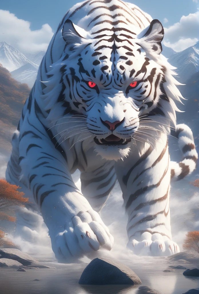 Hyperrealistic art BJ_Sacred_beast, red_eyes, outdoors, horns, mountain, white tiger,  cinematic lighting,strong contrast,high level of detail,Best quality,masterpiece, Extremely high-resolution details, photographic, realism pushed to extreme, fine texture, incredibly lifelike