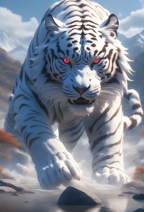 Hyperrealistic art BJ_Sacred_beast, red_eyes, outdoors, horns, mountain, white tiger,  cinematic lighting,strong contrast,high l...