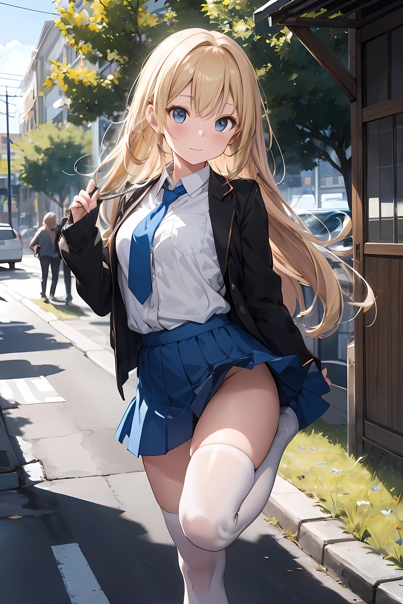 Very nice and beautiful, Anime Style, pretty girl, (Standing Split, Standing on one leg:1.1), One Girl, Long Hair, Blonde hair, Yellow ribbon, White shirt, White panties, Blue tie, Blue Skirt, Black knee-high socks, (Thin thighs: 1.1), plein air, wind