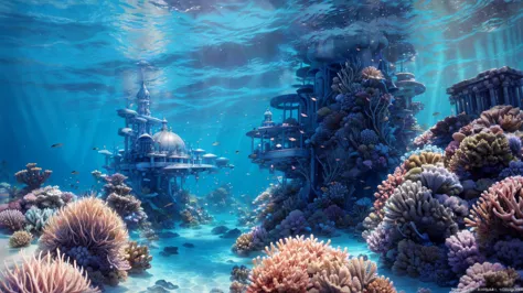 A fantastical and serene deep-sea city. Viewed from the ocean floor looking up towards the water surface. The city is very large...