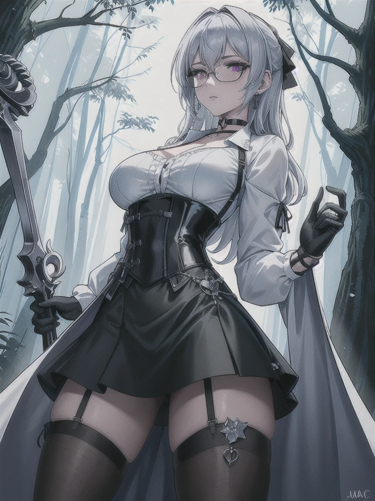 Masterpiece, Beautiful art, professional artist, 8k, art style by sciamano240, rostro de Bronya Zaychik, detailed body, Very detailed face, very detailed eyes, Detailed clothing, detailed fabric, Best Quality, better resolution,  1 girl, front view, big breasts, serious expression,  at night , silver hair, glasses, choker:1.6, (long sleeve white collar buttoned shirt), (shiny black corset), black gloves covering your hands, holding an ax with his hand, (shiny black tight mini skirt), looking at the viewer, dark forest, Atmosphere, fog, at night