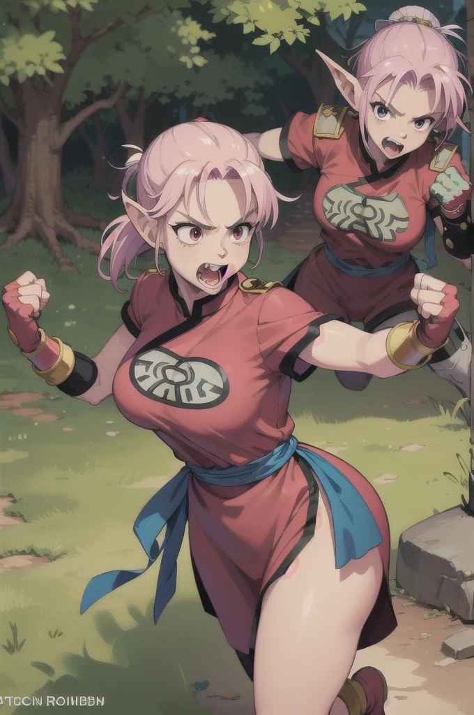 maam,big breasts,beautifuleyes,narrow waist,realistic,solo,outdoor,forest, martialMaam,pink hair,hair bun,long hair,china dress,short sleeves,sash,fingerless gloves,beautiful legs, clenched fists, (action pose,:1.1), (masterpiece, best quality:1.1), (open mouth, clenched fist, action pose,:1.1), ((fight against goblin:1.5)), (goblin ambush), maam, dragon quest,