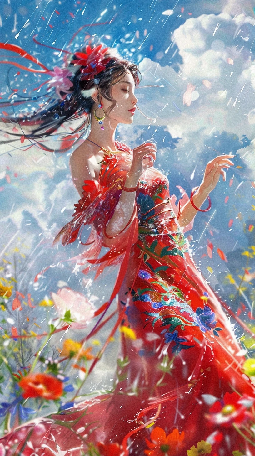 一位美丽的女孩在雨中跳舞的场景。她身穿红色连衣裙，在五彩缤纷的花朵中翩翩起舞。