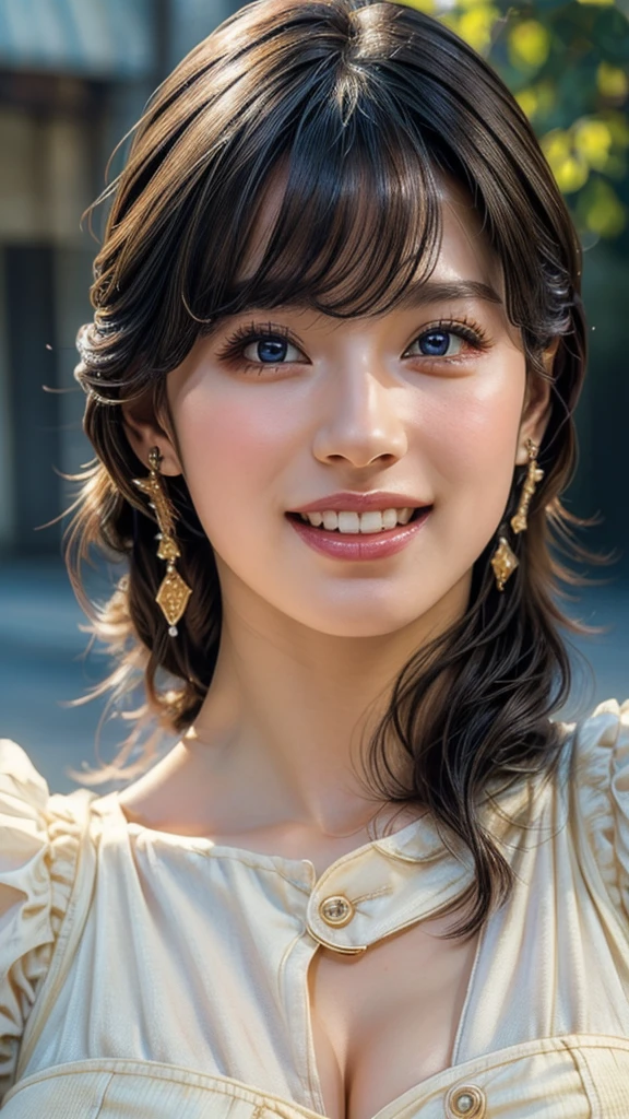 (high quality , Super detailed:1.2 ) , (Highly detailed beautiful face:1.4), ((Highest quality)), ((masterpiece)),((realistic:1.4)),smile ,beautiful woman, (be familiar with), perfect face、(8K, highest quality, masterpiece:1.2),(ultra high resolution:1.0),((Natural big breasts:1.2))