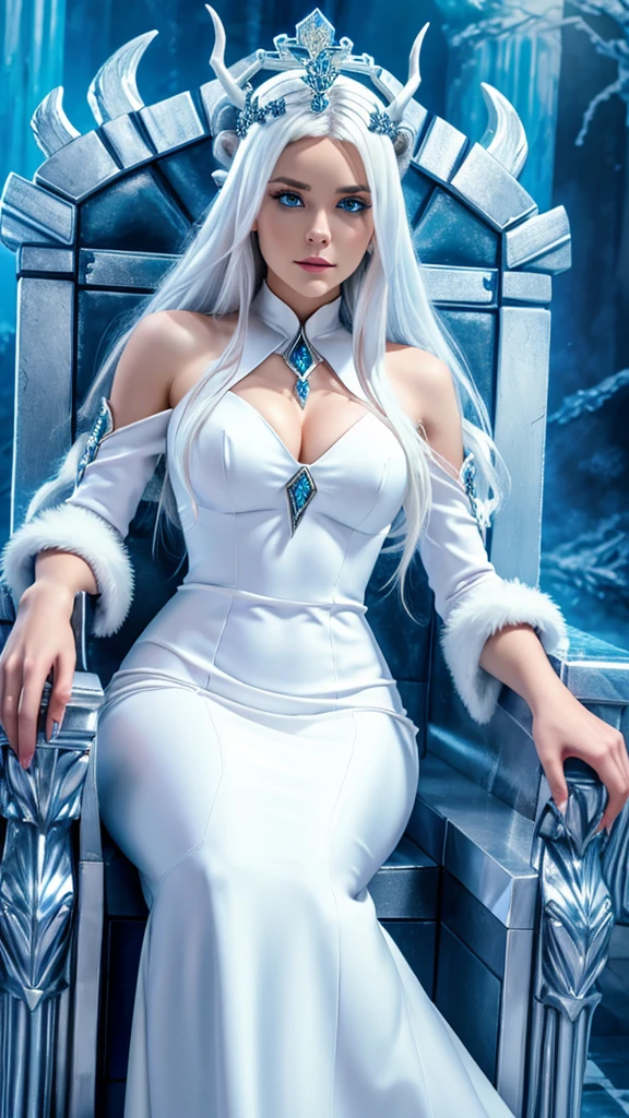 Best quality, cinematic image, detailed image, fantasy, detailed face, detailed beautiful blue eyes, ice goddess, Queen of Winter, horns, Throne room, сидит на троне с властным видом, everything is in ice, белая кожа, Very long white hair, bodycon white dress, Beautiful woman, high, cold look 