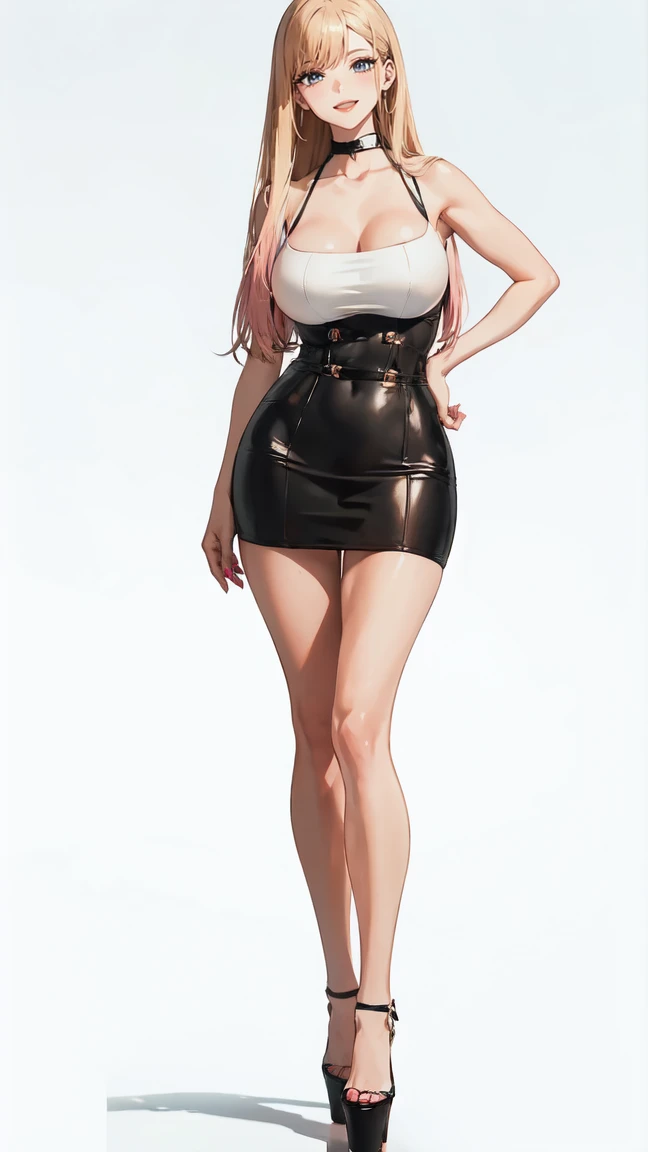 ((masterpiece, high resolution, better quality, better details)), ((Marin Kitagawa)), ((Smiling)), ((one girl)) a girl modeling standing, mini skirt, blouse, ((big neckline)), ((platform high heels)), pink eyes with black outline, (light blonde hair, straight hair, straight bangs, long hair)), long nails, pink nails, (((curvy body))), shiny skin, ((side view)), solo, bare shoulders, full body, focus full body, high heels, ((White background)),