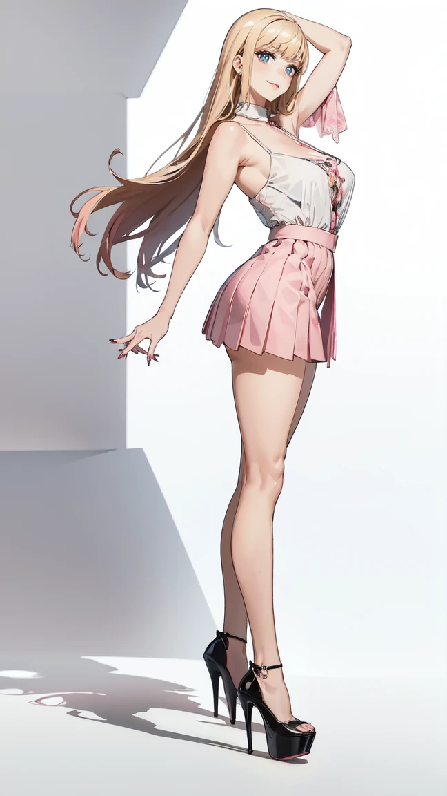 ((masterpiece, high resolution, better quality, better details)), ((Marin Kitagawa)), ((Smiling)), ((one girl)) a girl modeling standing, mini skirt, blouse, ((big neckline)), ((platform high heels)), pink eyes with black outline, (light blonde hair, straight hair, straight bangs, long hair)), long nails, pink nails, (((curvy body))), shiny skin, ((side view)), solo, bare shoulders, full body, focus full body, high heels, ((White background)),