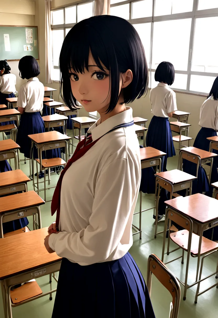 beautiful girl, japanese school clothes, in the classroom, short black hair,  
