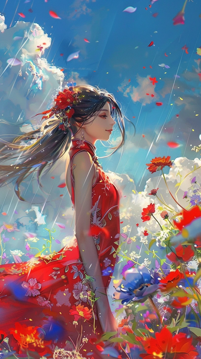 一位美丽的女孩在雨中跳舞的场景。她身穿红色连衣裙，在五彩缤纷的花朵中翩翩起舞。